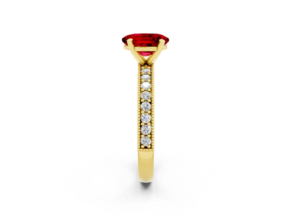 Yellow gold Oval Cut Ruby Milgrain Pavé Engagement Ring with Four-Prong Setting