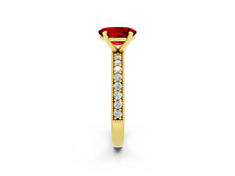 Yellow gold Oval Cut Ruby Milgrain Pavé Engagement Ring with Four-Prong Setting_14