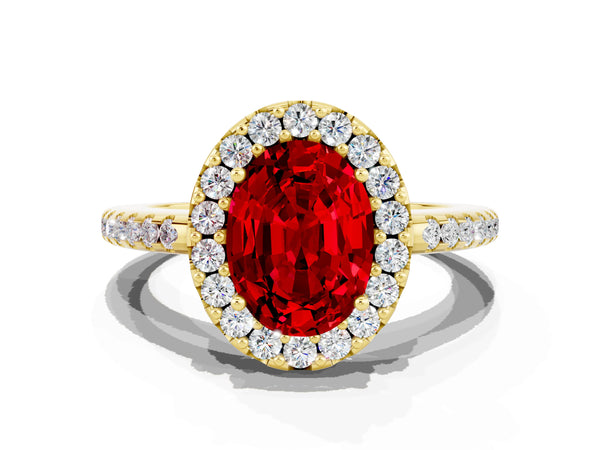 Yellow gold Oval Cut Ruby Pavé Halo Ring with Four-Prong Setting