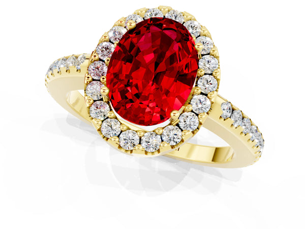 Yellow gold Oval Cut Ruby Pavé Halo Ring with Four-Prong Setting