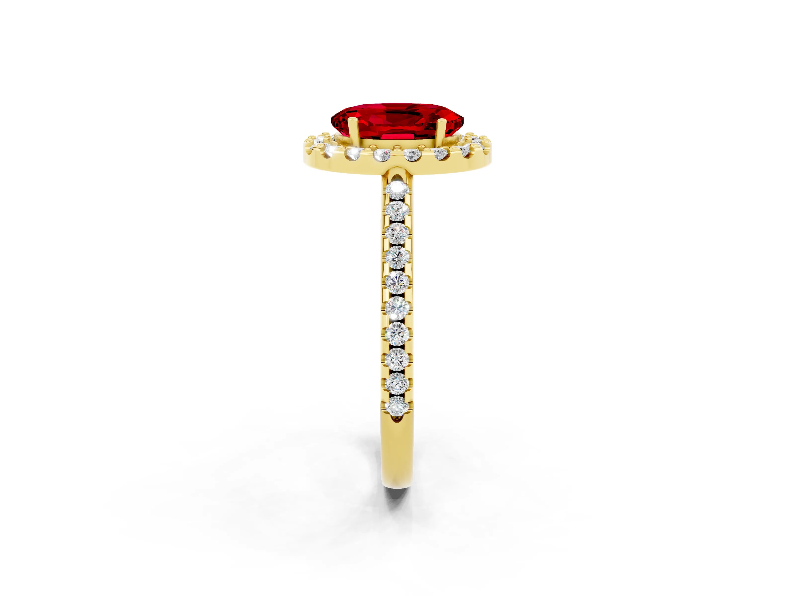Yellow gold Oval Cut Ruby Pavé Halo Ring with Four-Prong Setting_14
