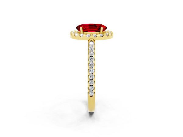 Yellow gold Oval Cut Ruby Pavé Halo Ring with Four-Prong Setting