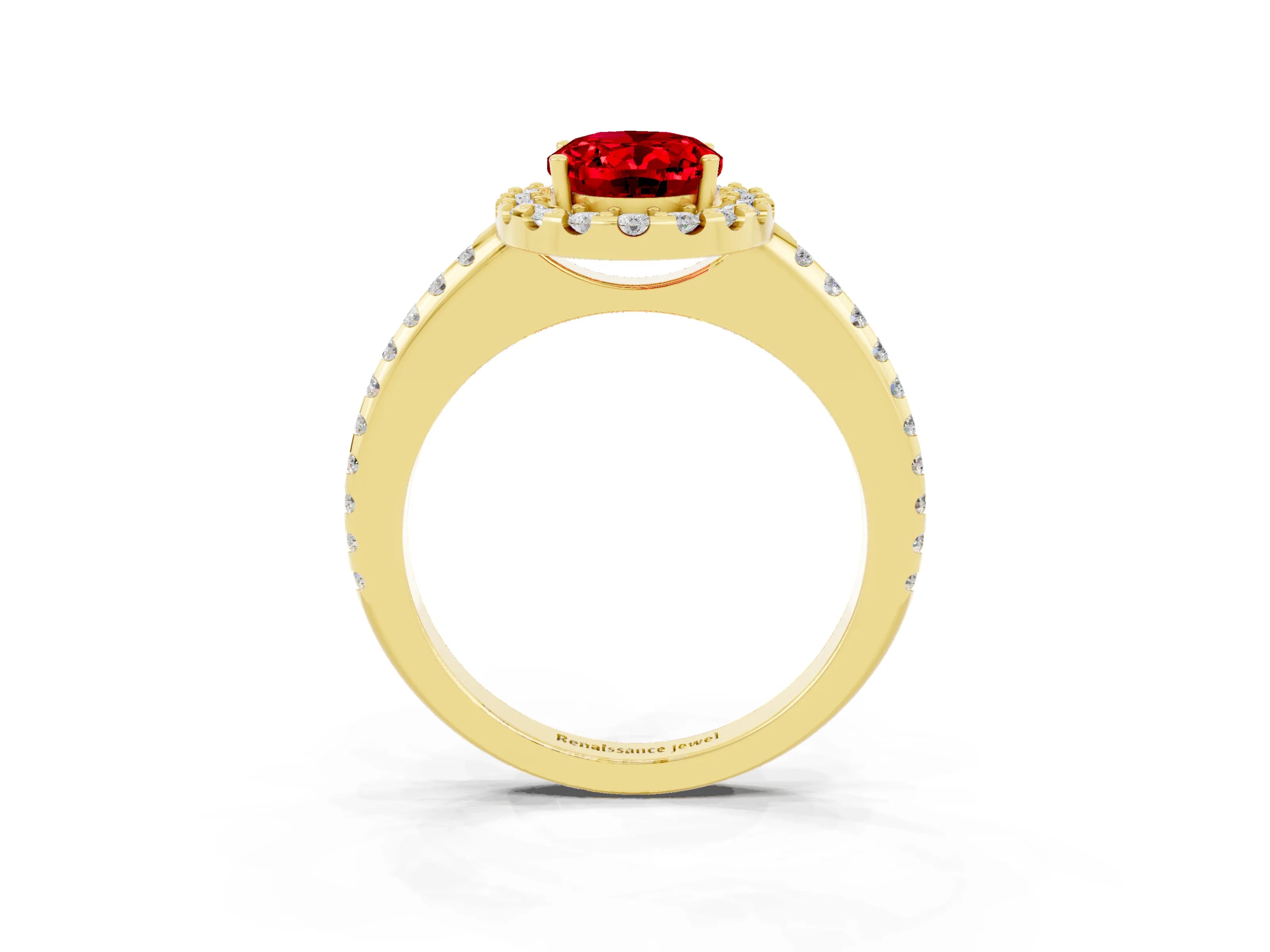 Yellow gold Oval Cut Ruby Pavé Halo Ring with Four-Prong Setting_15