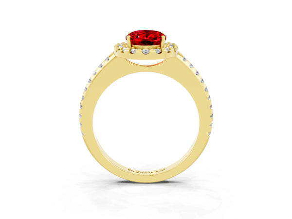 Yellow gold Oval Cut Ruby Pavé Halo Ring with Four-Prong Setting