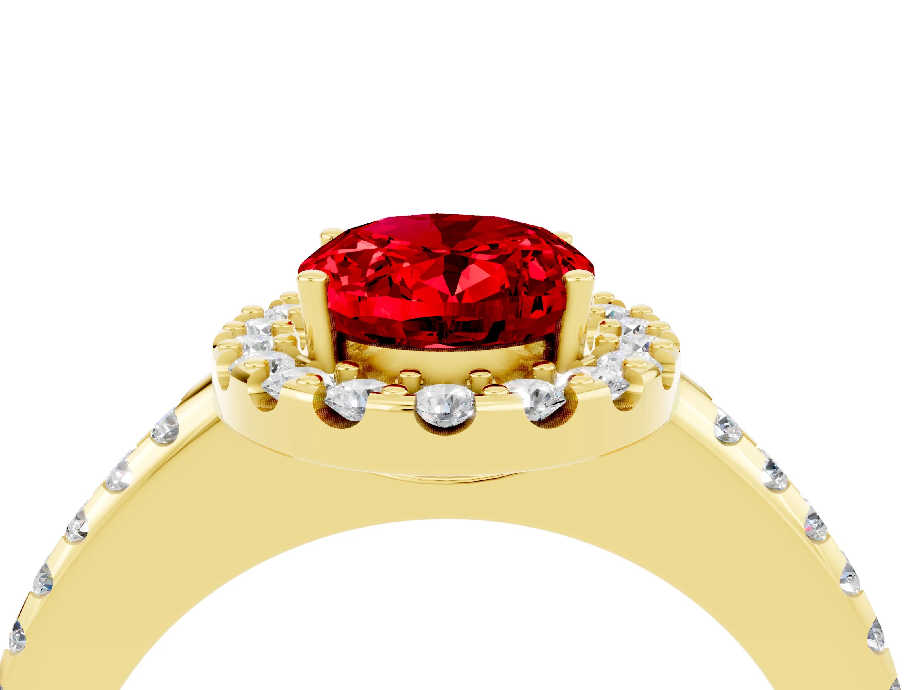Yellow gold Oval Cut Ruby Pavé Halo Ring with Four-Prong Setting_16