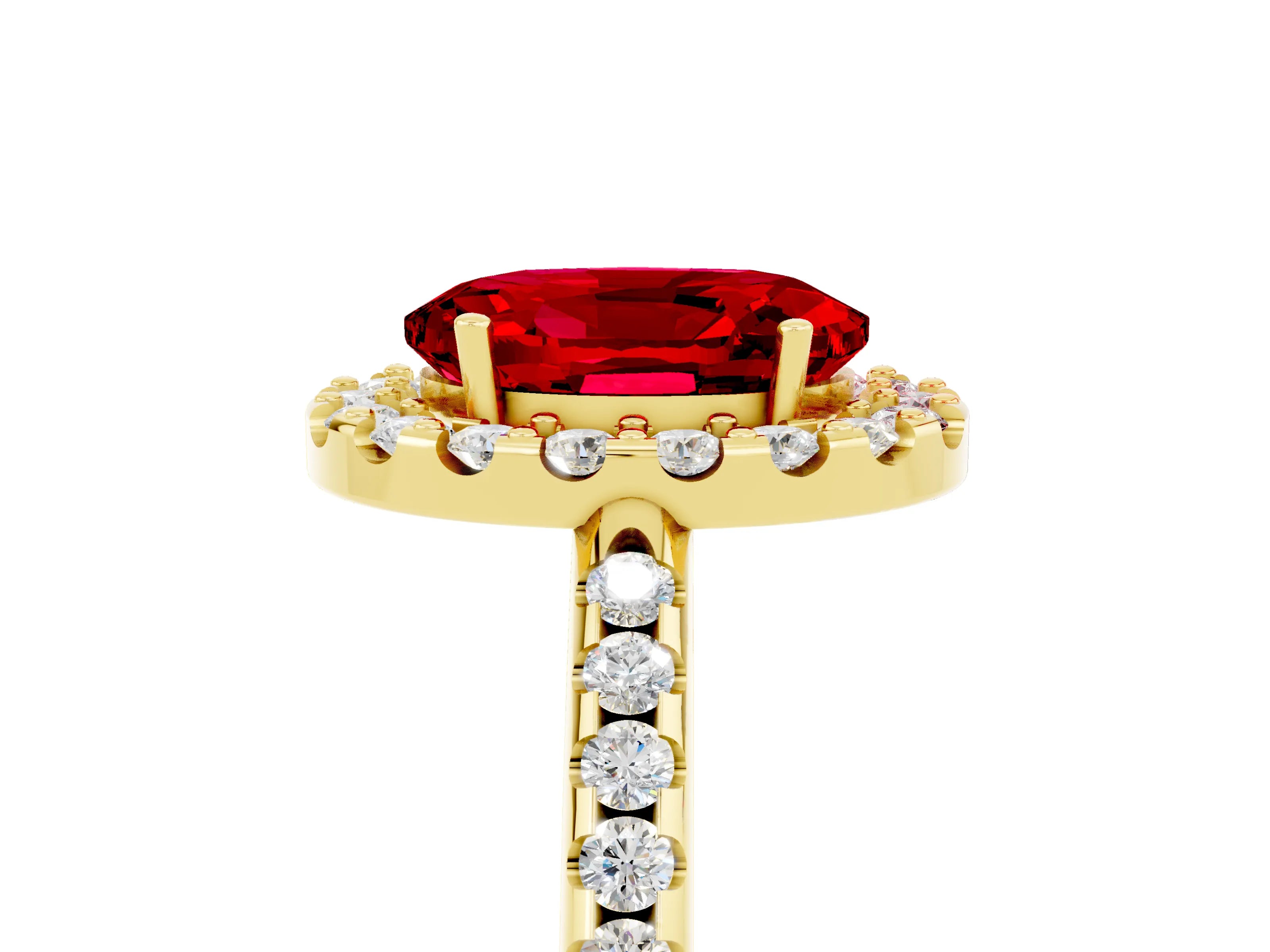 Yellow gold Oval Cut Ruby Pavé Halo Ring with Four-Prong Setting_17