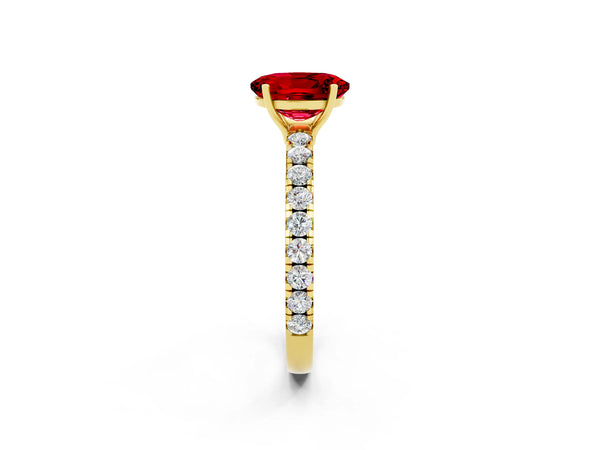 Yellow gold Oval Cut Ruby Pavé Solitaire Engagement Ring with Four-Prong Setting