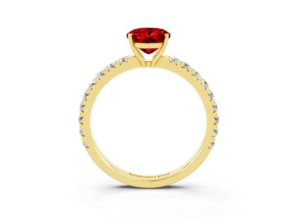 Yellow gold Oval Cut Ruby Pavé Solitaire Engagement Ring with Four-Prong Setting