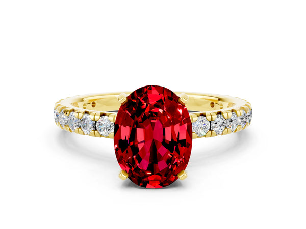 Yellow gold Oval Cut Ruby Pavé Solitaire Ring with Round Band and Prong Setting