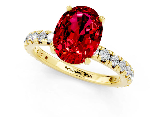 Yellow gold Oval Cut Ruby Pavé Solitaire Ring with Round Band and Prong Setting