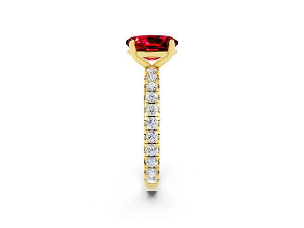 Yellow gold Oval Cut Ruby Pavé Solitaire Ring with Round Band and Prong Setting