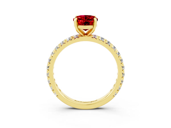 Yellow gold Oval Cut Ruby Pavé Solitaire Ring with Round Band and Prong Setting