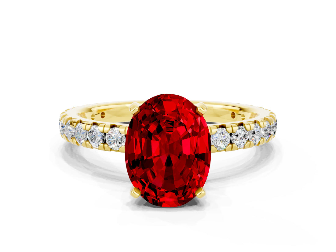 Yellow gold Oval Cut Ruby Pavé Solitaire Ring with Round Band and Prong Setting_24