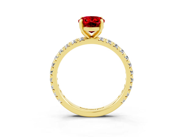 Yellow Gold Oval Lab-Grown Ruby Solitaire Engagement Ring with Shared Prong Pave Band