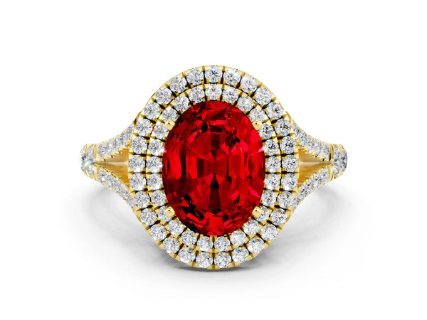 Yellow gold Oval Cut Ruby Pavé Split Shank Double Halo Engagement Ring