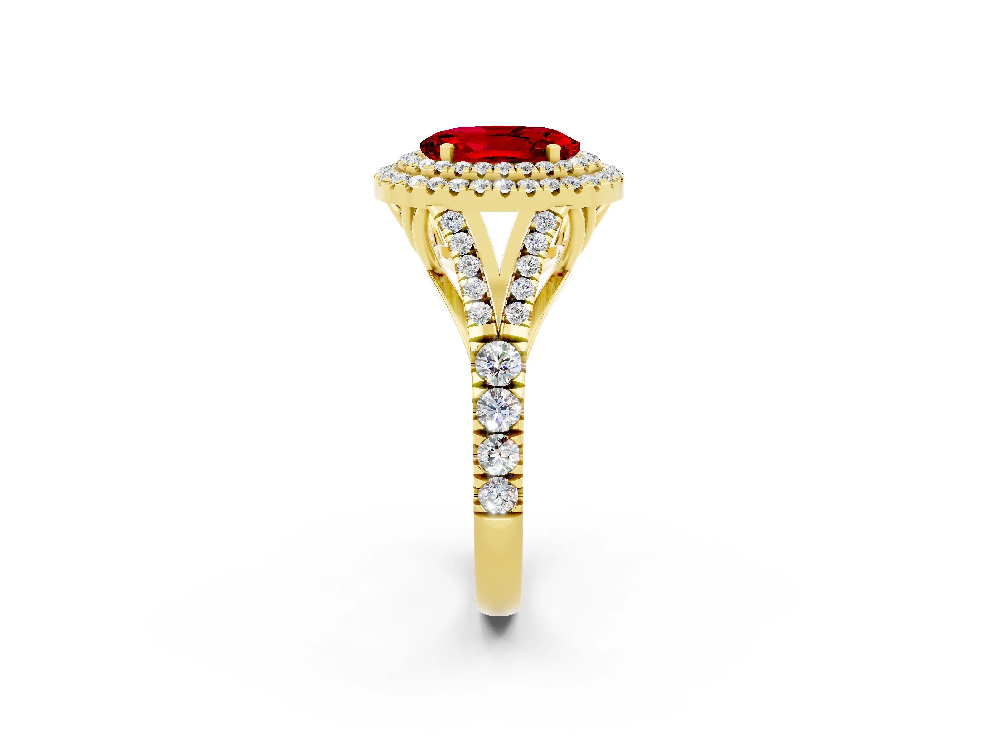 Yellow gold Oval Cut Ruby Pavé Split Shank Double Halo Engagement Ring_2