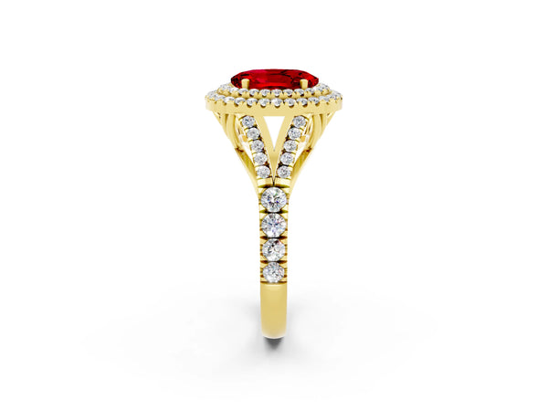 Yellow gold Oval Cut Ruby Pavé Split Shank Double Halo Engagement Ring