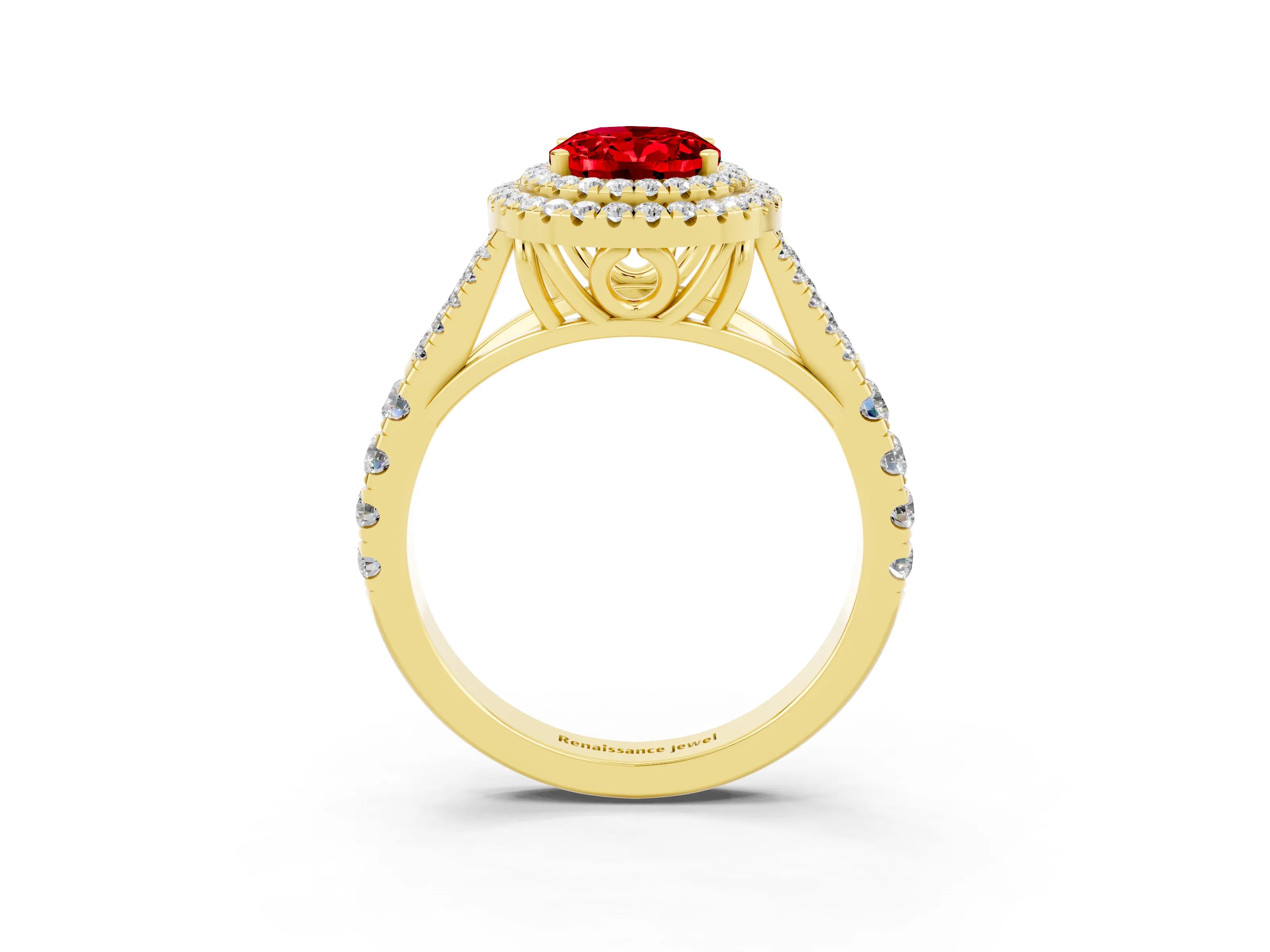Yellow gold Oval Cut Ruby Pavé Split Shank Double Halo Engagement Ring_3