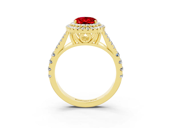 Yellow gold Oval Cut Ruby Pavé Split Shank Double Halo Engagement Ring