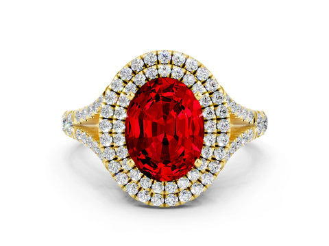 Yellow gold Oval Cut Ruby Pavé Split Shank Double Halo Engagement Ring