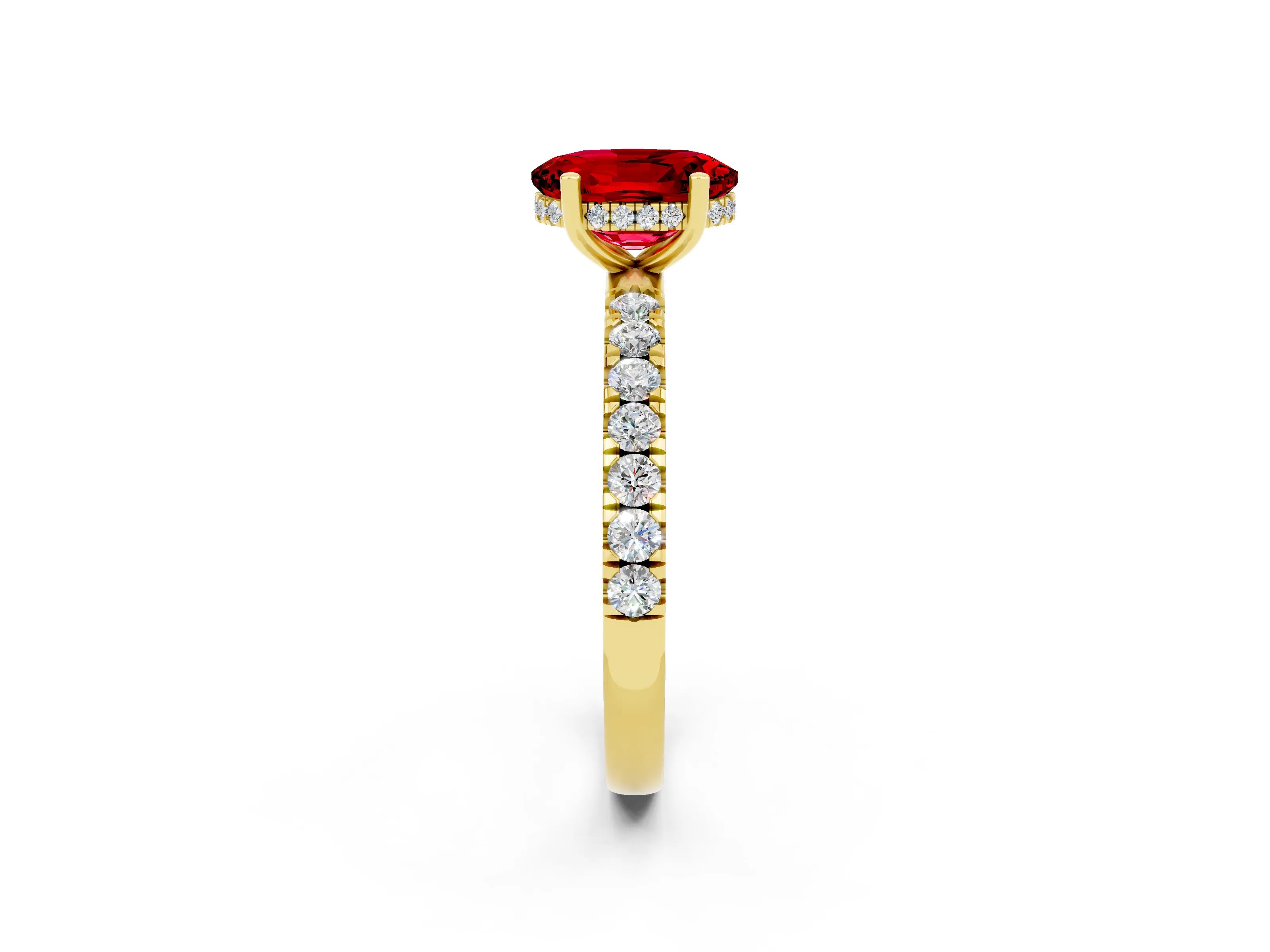 Yellow gold Oval Cut Ruby Pave Band Solitaire Ring with Four-Prong Setting_26