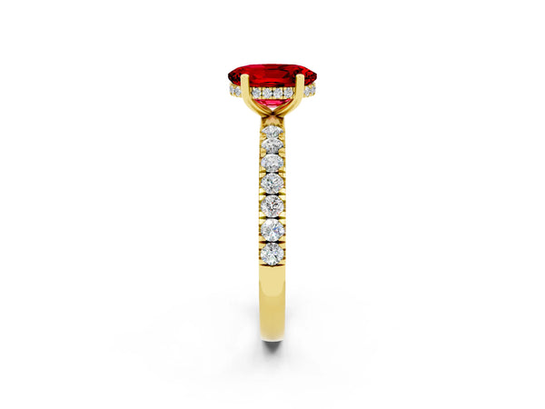 Yellow gold Oval Cut Ruby Pave Band Solitaire Ring with Round  and Prong Setting