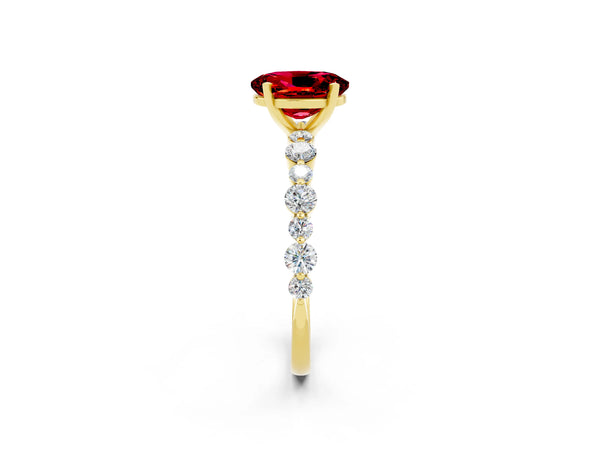 Yellow gold Oval Cut Ruby Prong Set Engagement Ring with Pavé Band