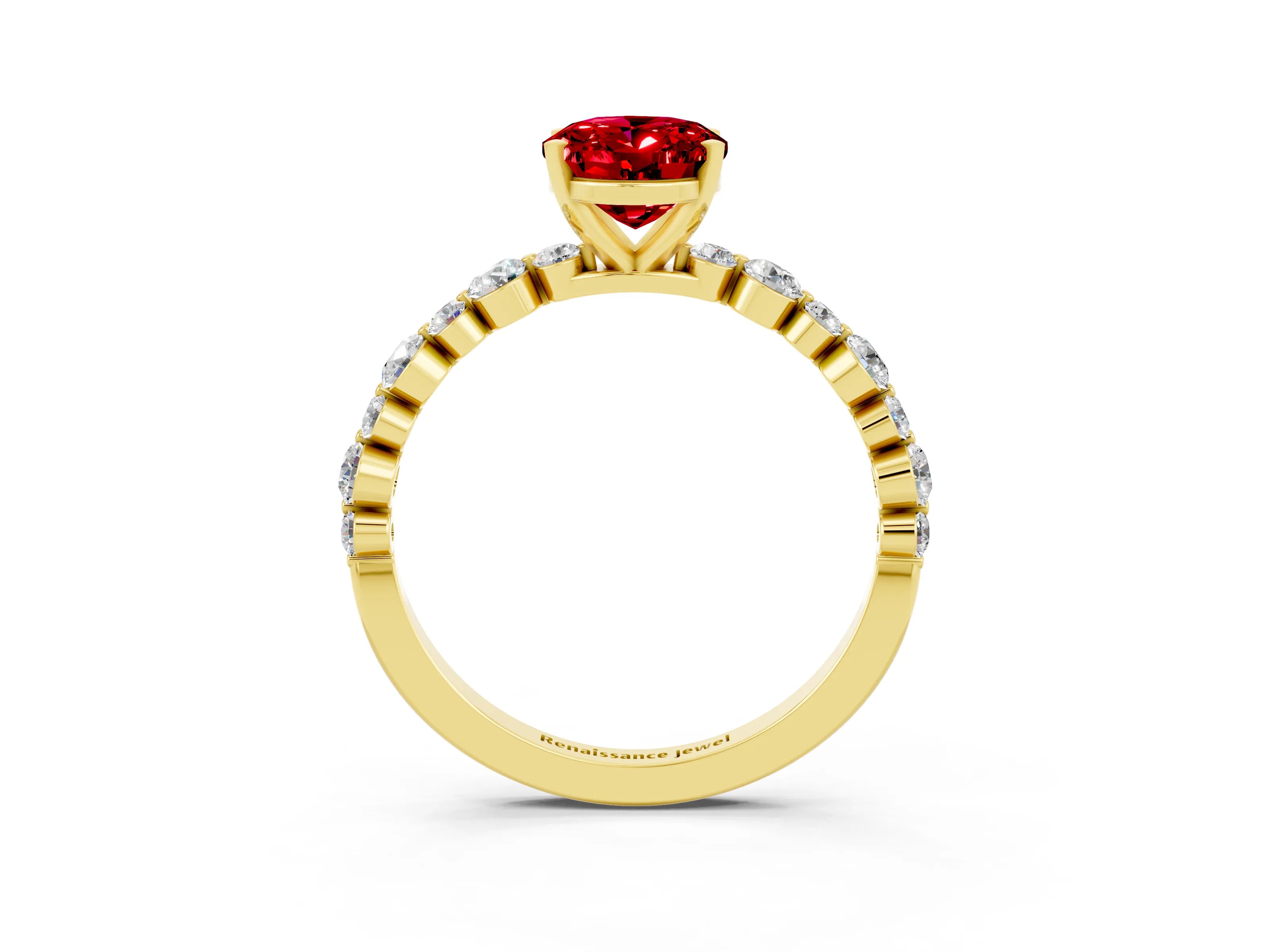 Yellow gold Oval Cut Ruby Prong Set Engagement Ring with Pavé Band_3