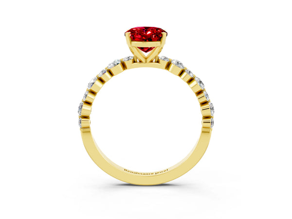 Yellow gold Oval Cut Ruby Prong Set Engagement Ring with Pavé Band