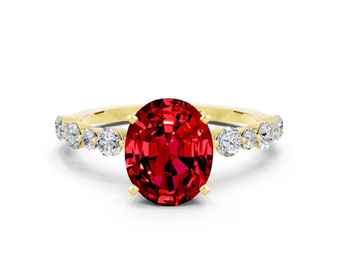 Yellow gold Oval Cut Ruby Prong Set Engagement Ring with Pavé Band