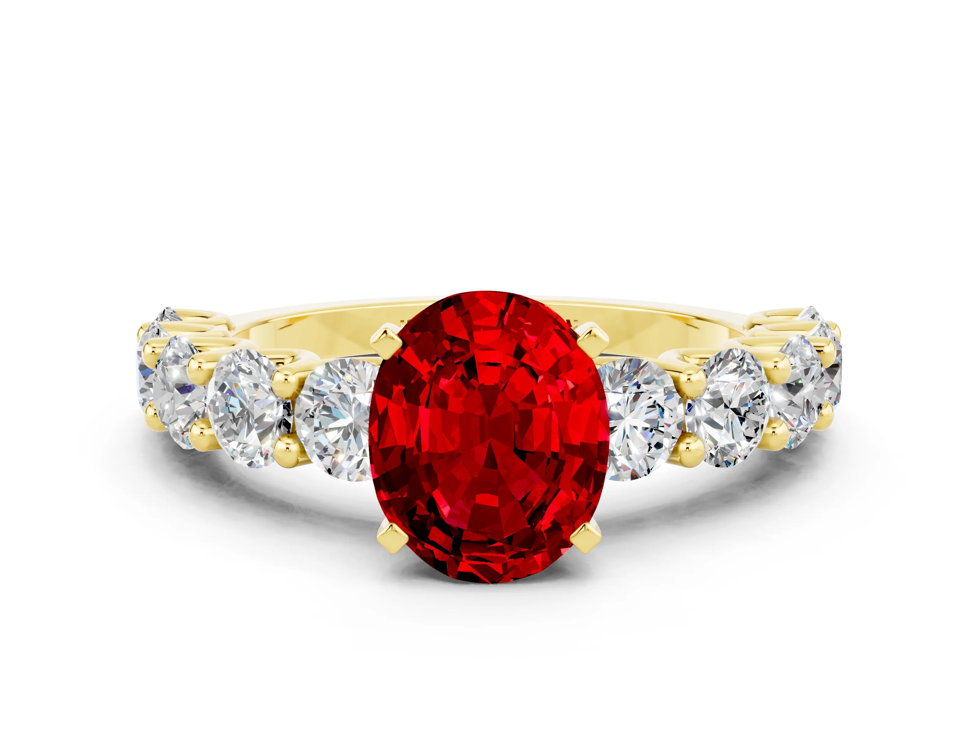 Yellow gold Oval Cut Ruby Prong Setting with Side Stones on a Pave Band