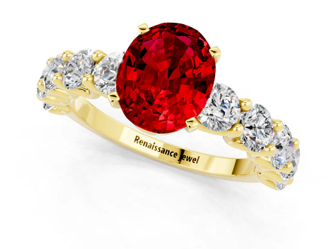 Yellow gold Oval Cut Ruby Prong Setting with Side Stones on a Pave Band_1