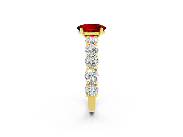 Yellow gold Oval Cut Ruby Prong Setting with Side Stones on a Pave Band