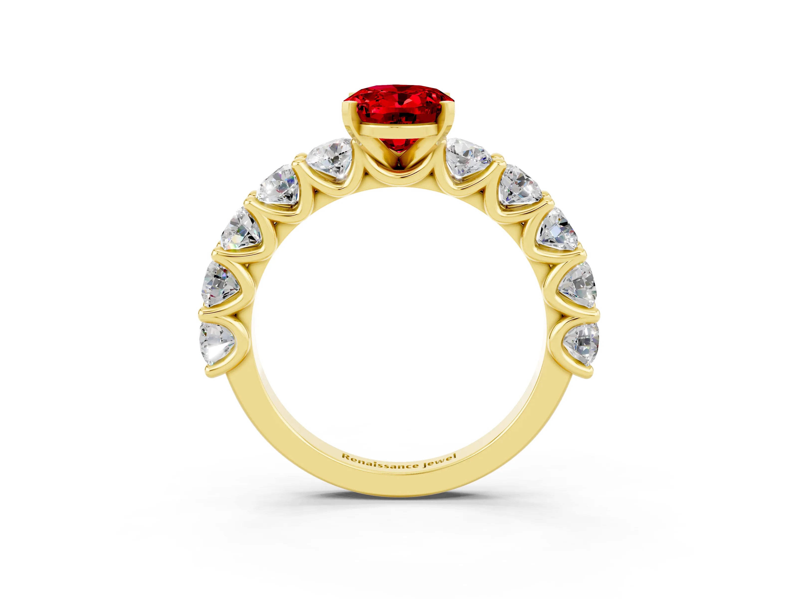 Yellow gold Oval Cut Ruby Prong Setting with Side Stones on a Pave Band_3
