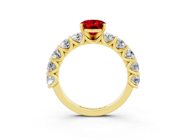 Yellow gold Oval Cut Ruby Prong Setting with Side Stones on a Pave Band