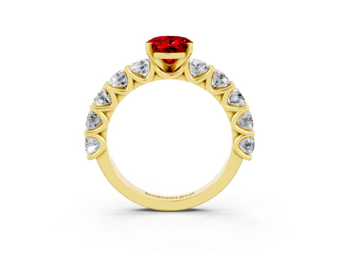 Yellow gold Oval Cut Ruby Prong Setting with Side Stones on a Pave Band_3