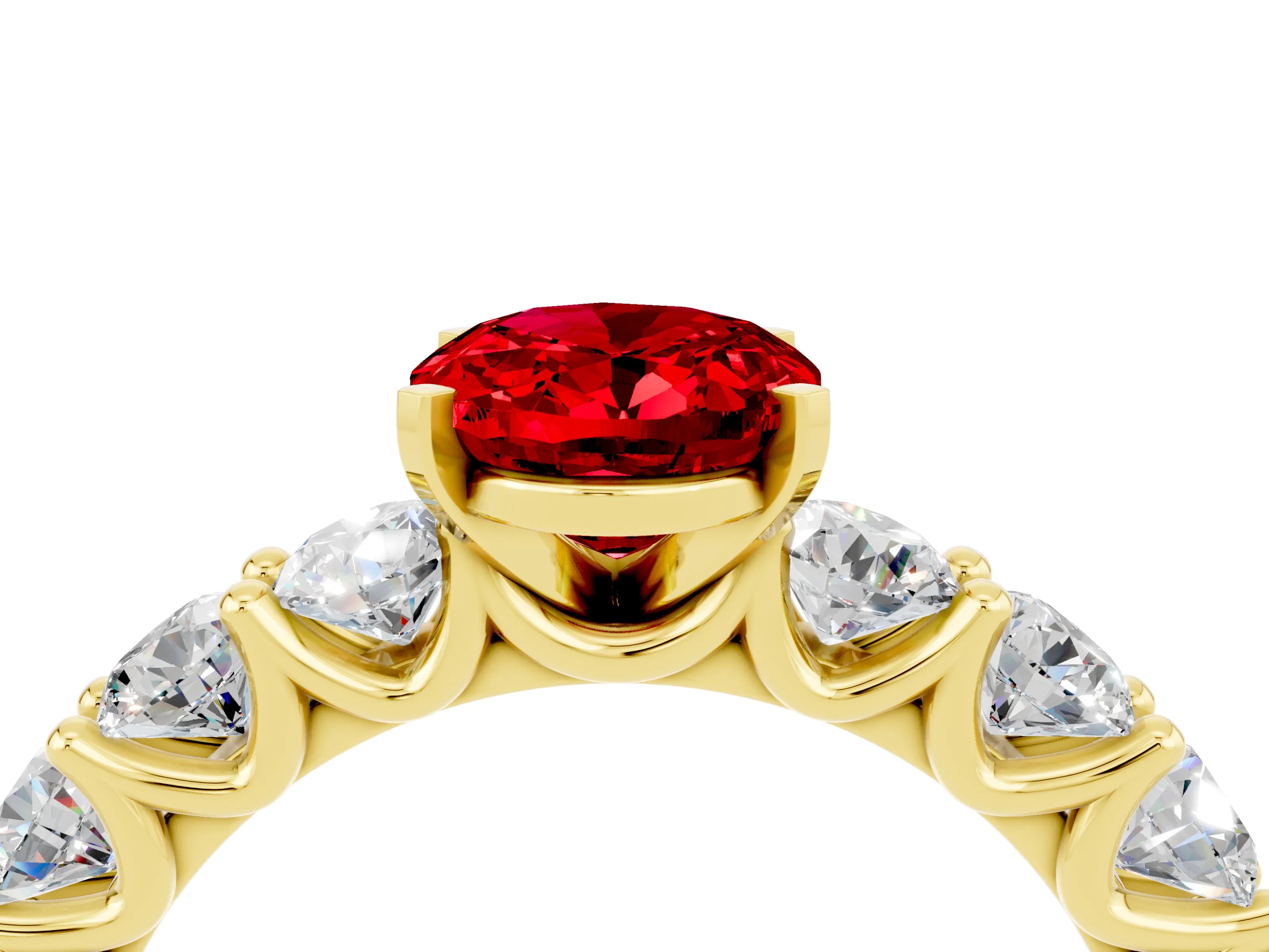 Yellow gold Oval Cut Ruby Prong Setting with Side Stones on a Pave Band_4