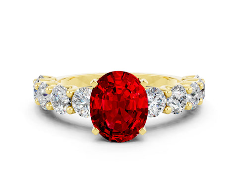 Yellow gold Oval Cut Ruby Prong Setting with Side Stones on a Pave Band