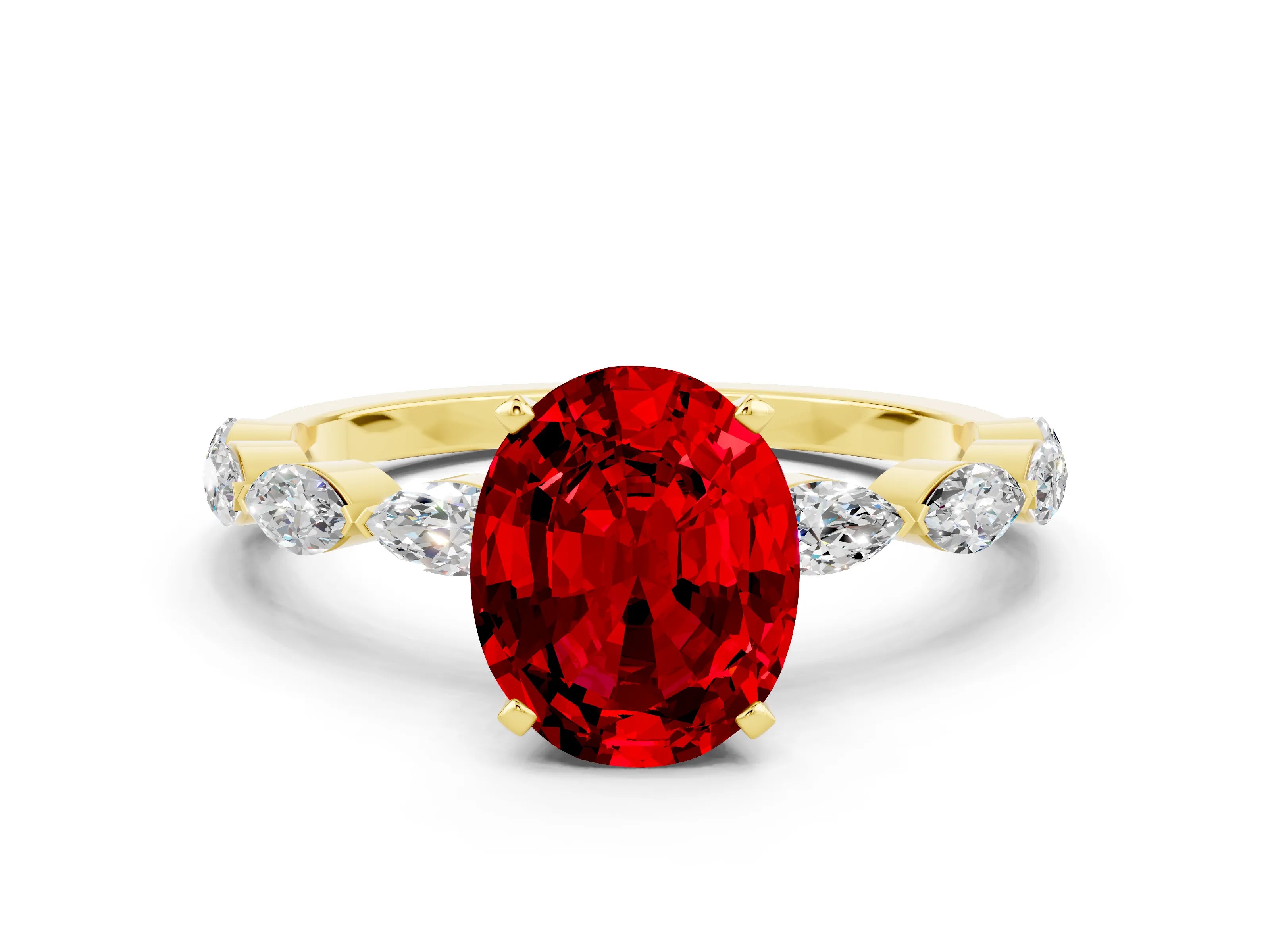 Yellow gold Oval Cut Ruby Ring with Marquise Side Stones and Prong Setting