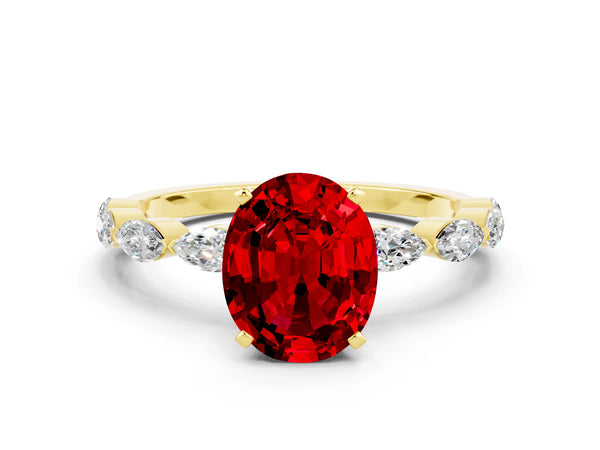 Yellow gold Oval Cut Ruby Ring with Marquise Side Stones and Prong Setting