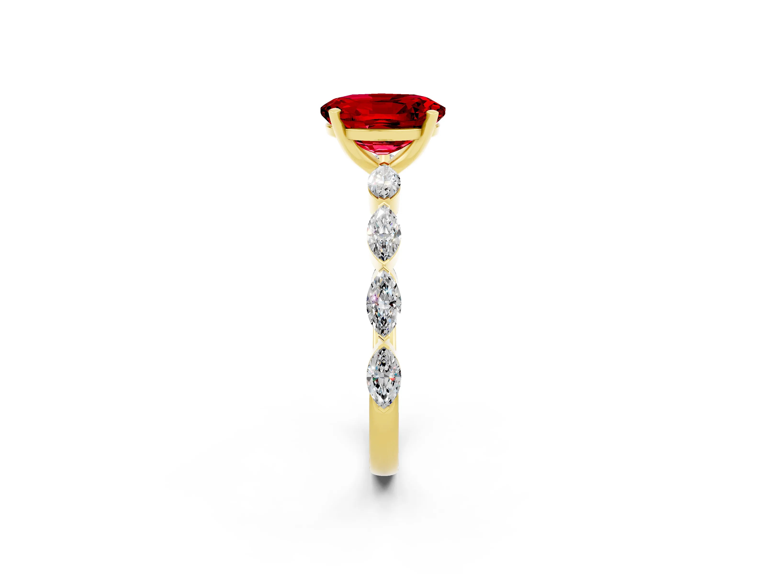 Yellow gold Oval Cut Ruby Ring with Marquise Side Stones and Prong Setting_2