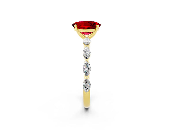 Yellow gold Oval Cut Ruby Ring with Marquise Side Stones and Prong Setting