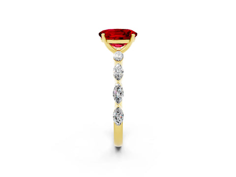 Yellow gold Oval Cut Ruby Ring with Marquise Side Stones and Prong Setting_2