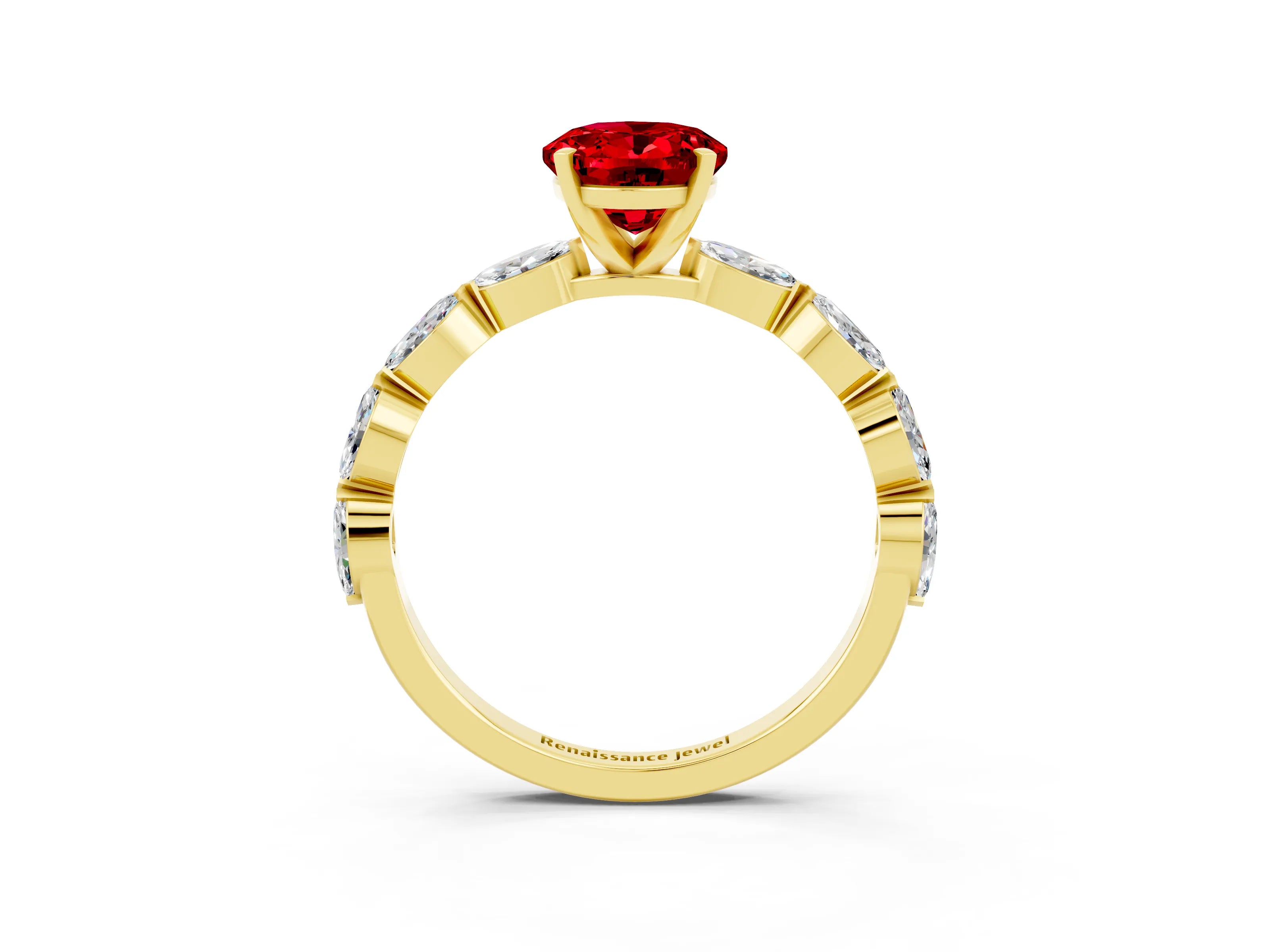 Yellow gold Oval Cut Ruby Ring with Marquise Side Stones and Prong Setting_3