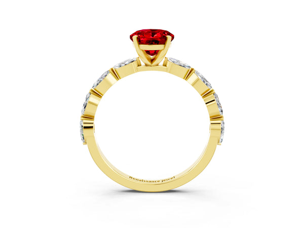 Yellow gold Oval Cut Ruby Ring with Marquise Side Stones and Prong Setting