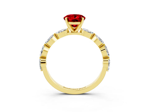 Yellow gold Oval Cut Ruby Ring with Marquise Side Stones and Prong Setting_3