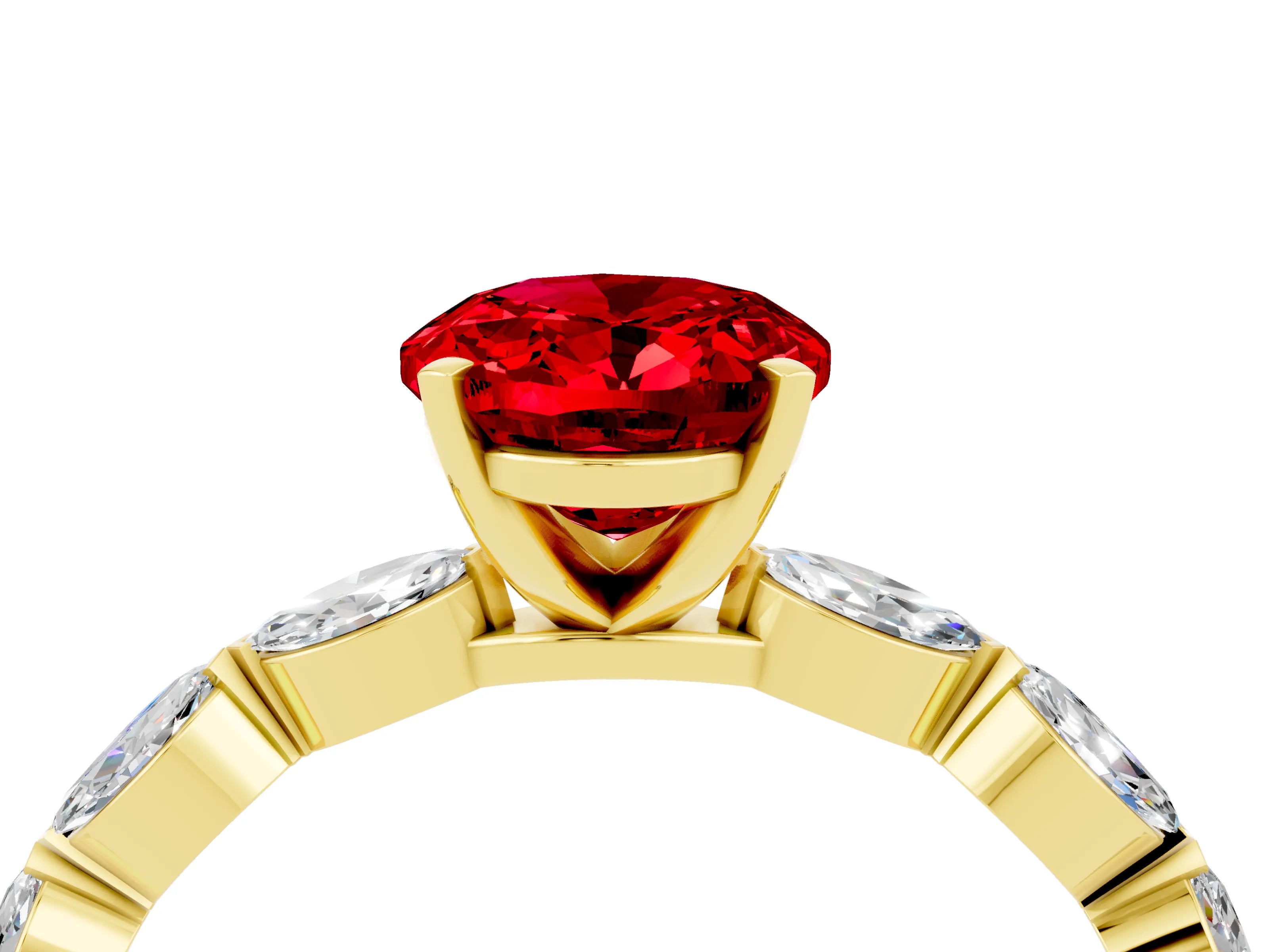 Yellow gold Oval Cut Ruby Ring with Marquise Side Stones and Prong Setting_4