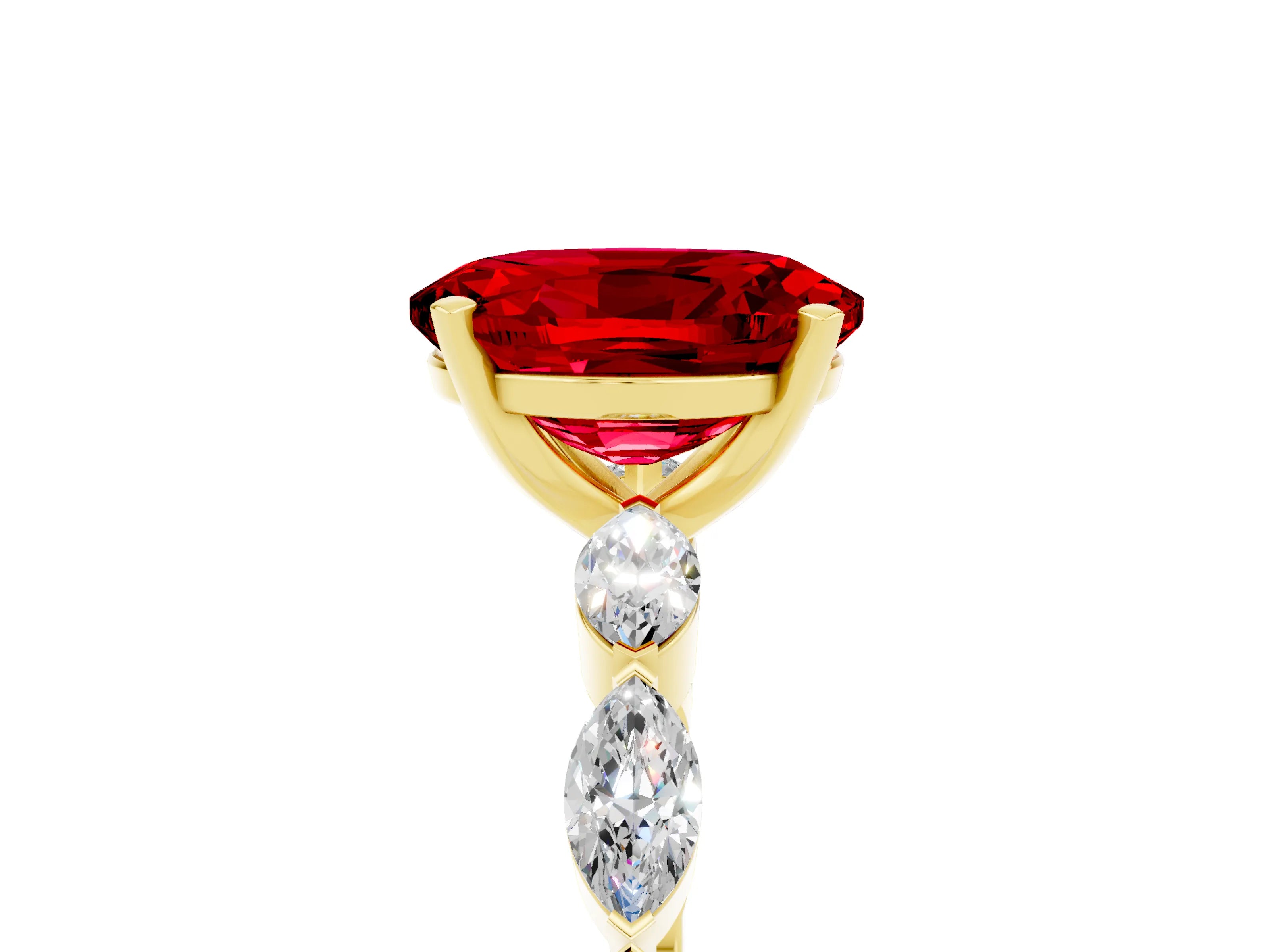 Yellow gold Oval Cut Ruby Ring with Marquise Side Stones and Prong Setting_5
