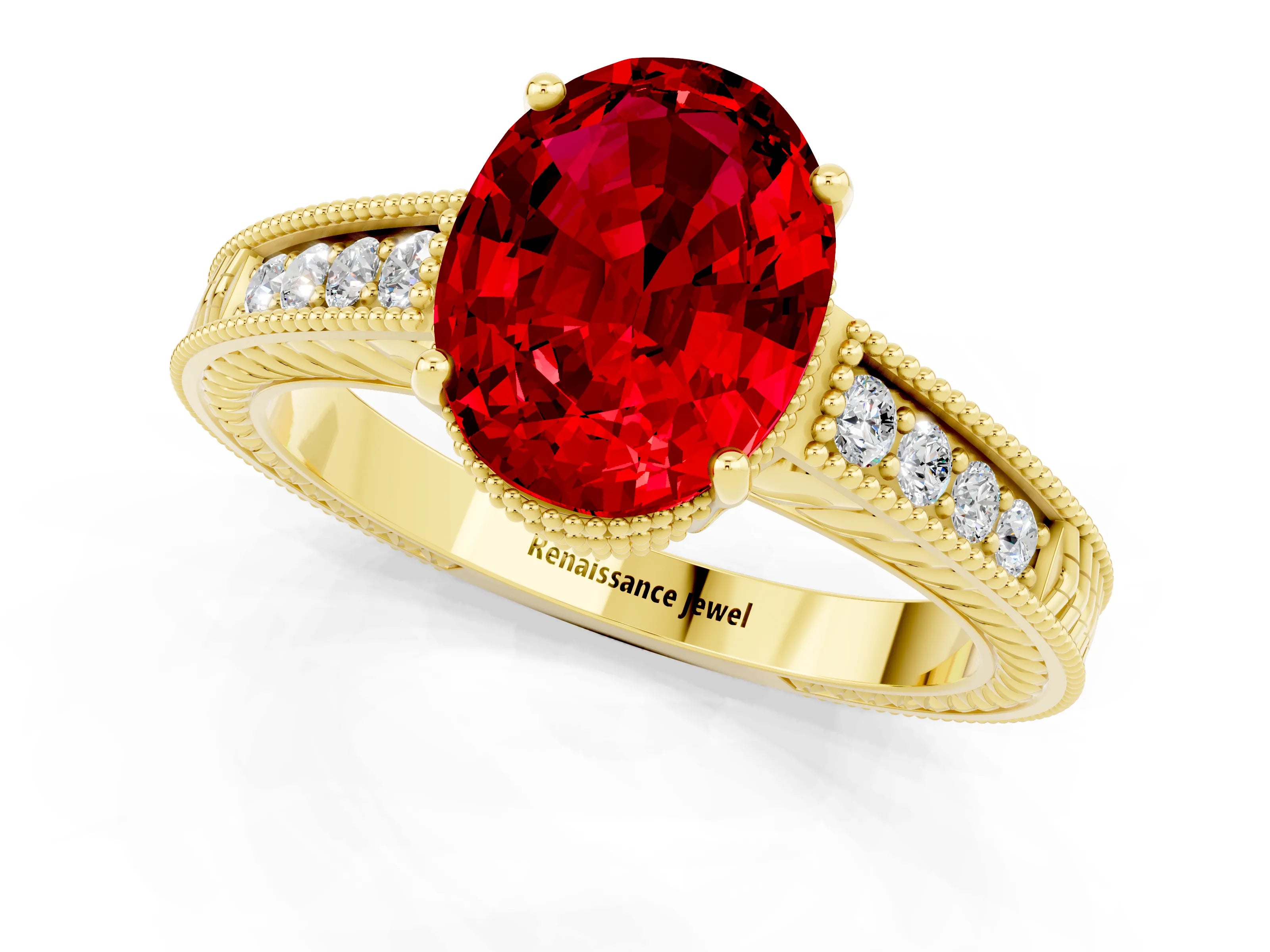 Yellow gold Oval Cut Ruby Ring with Milgrain Pavé Band and Four-Prong Setting_13