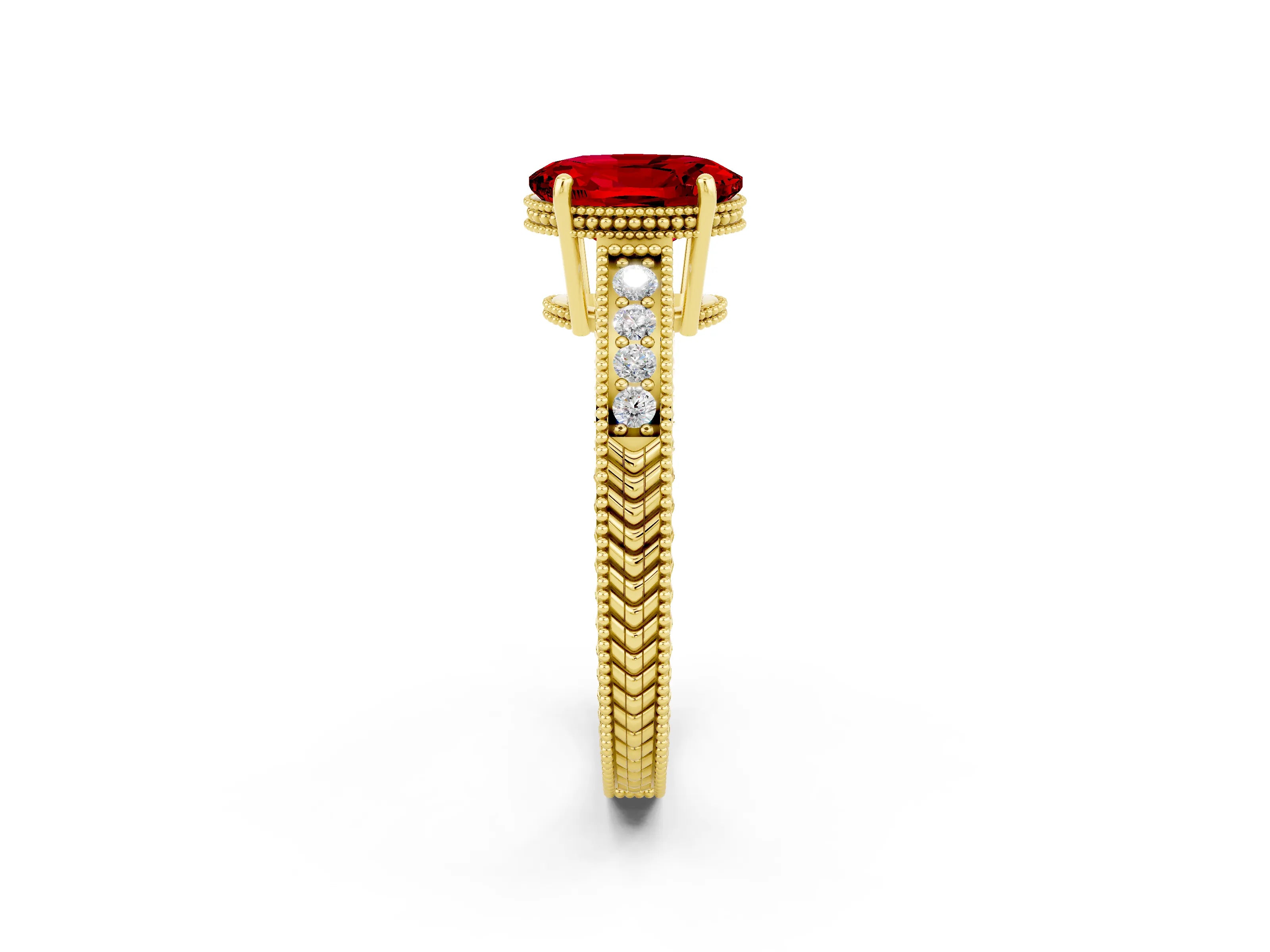 Yellow gold Oval Cut Ruby Ring with Milgrain Pavé Band and Four-Prong Setting_14